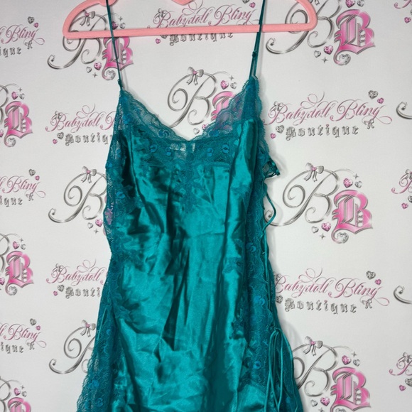 La senza dress babydoll lace corset tie up sides shimmer Teal Satin Chemise - Picture 9 of 15